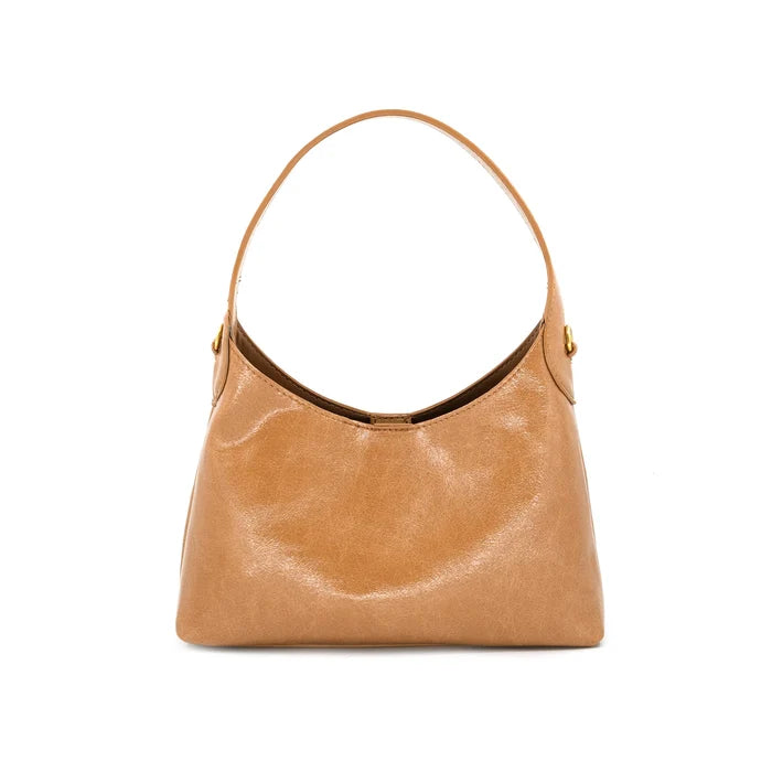 A brown leather hobo handbag with a matching zippered pouch, displayed on a clean white background. The handbag features a curved top handle and gold-tone hardware.