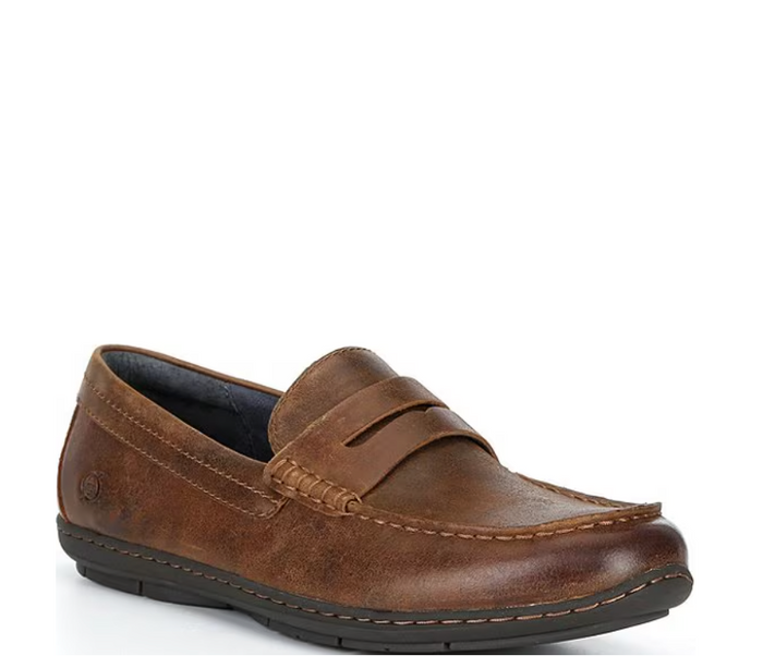 A single brown leather penny loafer shown from a side profile view against a plain white background.