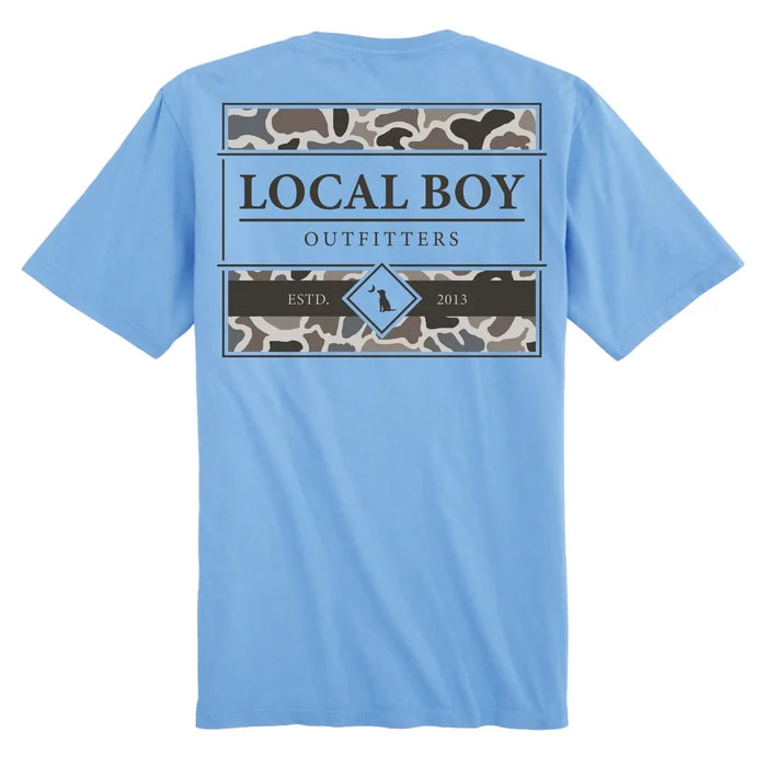 Light blue t-shirt with 'Local Boy Outfitters' logo on the back