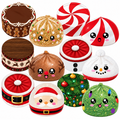 A set of cute, character-face decorated dome-shaped and round containers or covers arranged together on a plain white background. The designs include gingerbread, peppermint swirl, glitter gold, wood grain, snowman, Santa, Christmas tree, and green glitter holiday motifs.