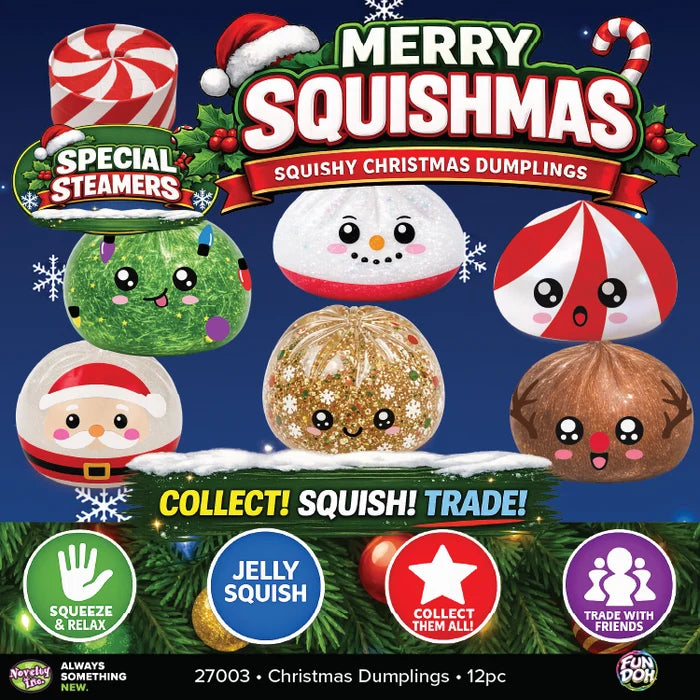 Fun Day of the Dead 'Merry Squishmas' Christmas dumpling collectible set, featuring 12 squishy, squishy-able Christmas-themed dumplings including a peppermint candy, snowman, nutcracker, green ornament, glitter ball, snowman, and coconut nutcracker. The packaging features a dark blue background with festive green pine branches, red ornaments, and colorful circular feature icons at the bottom.