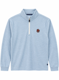 A light blue heathered quarter-zip pullover sweatshirt with a small embroidered mascot logo on the left chest, displayed on a clean white background.