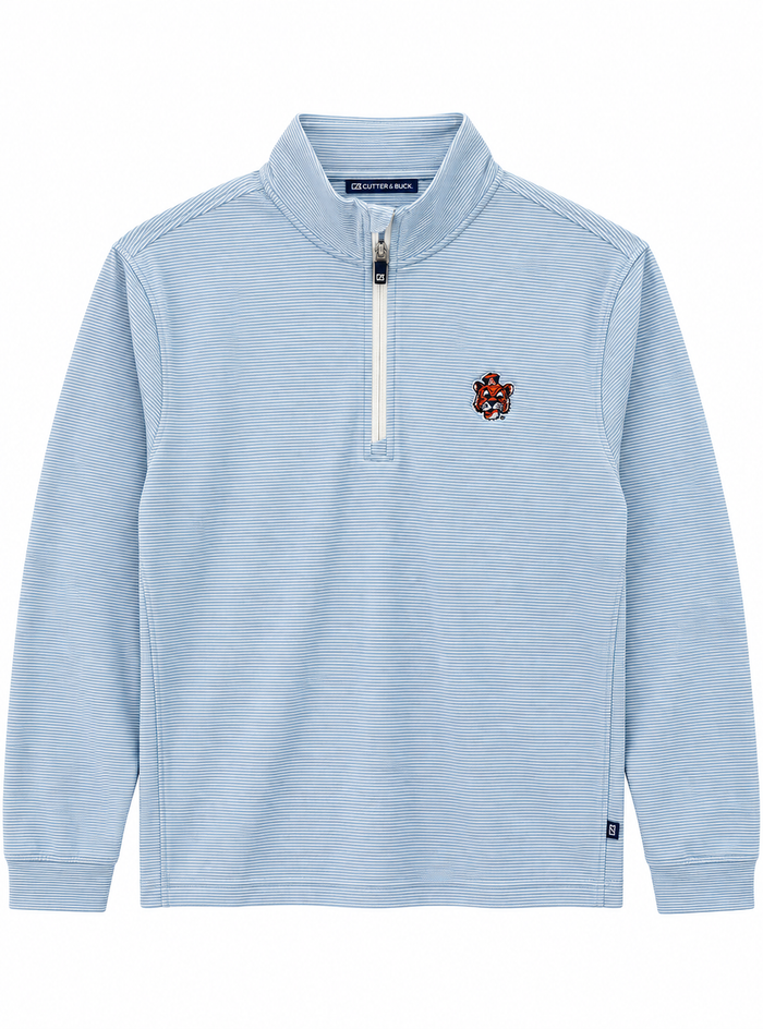 A light blue heathered quarter-zip pullover sweatshirt with a small embroidered mascot logo on the left chest, displayed on a clean white background.