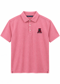 A pink short-sleeve polo shirt with a textured micro-pattern, featuring a three-button placket and a small embroidered logo on the left chest, displayed on a clean white background.