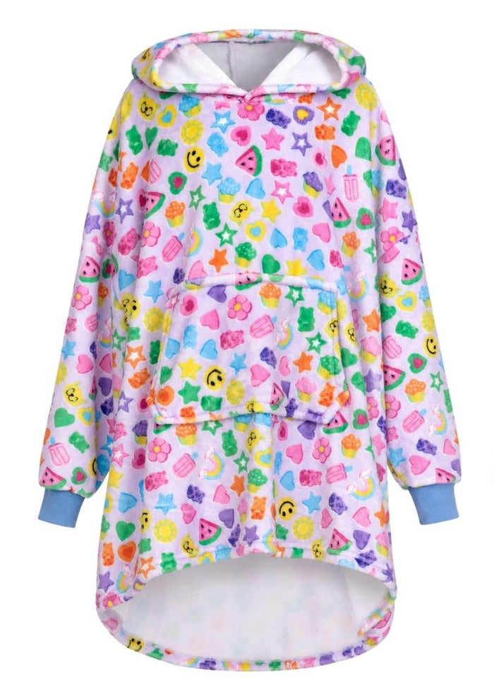A long hooded sweatshirt shown from both front and back views on a white background. The hoodie has a light pink base covered in a dense multicolor pattern of small cartoon faces, stars, hearts, and shapes in pink, yellow, green, blue, orange, and purple.