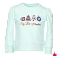 A mint green long-sleeve sweatshirt for kids, featuring sequined holiday graphics on the chest including a cat, Christmas tree, Santa, ornament, and the phrase 'Tis the season'. The sleeves have puff sleeves with sequined details down the sides.