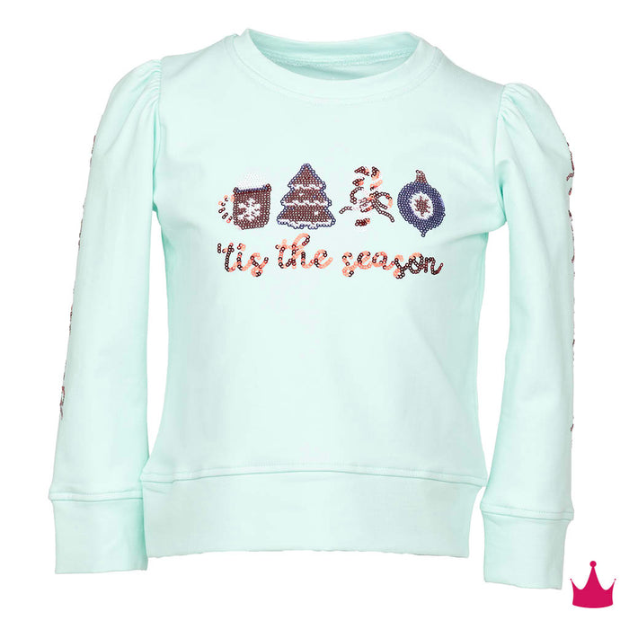A mint green long-sleeve sweatshirt for kids, featuring sequined holiday graphics on the chest including a cat, Christmas tree, Santa, ornament, and the phrase 'Tis the season'. The sleeves have puff sleeves with sequined details down the sides.