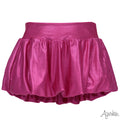 A shiny magenta pink ruffled mini skirt with a wide elastic waistband, shown against a plain white background.