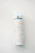 A light blue insulated water bottle with a matching lid and carry loop, decorated with a delicate rose gold pattern of whimsical illustrations, shown against a plain light gray background.