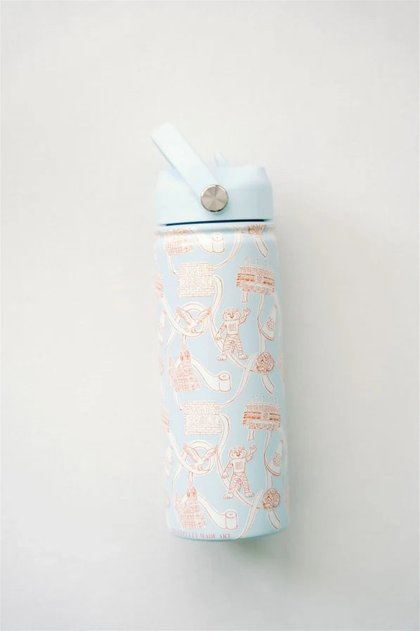 A light blue insulated water bottle with a matching lid and carry loop, decorated with a delicate rose gold pattern of whimsical illustrations, shown against a plain light gray background.