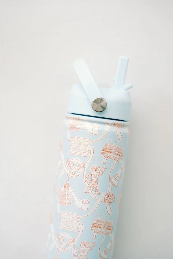Light blue water bottle with rose gold  design on a white background
