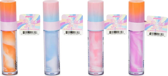 Four lip gloss tubes with colorful packaging on a white background