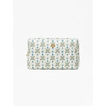 A rectangular cosmetic pouch with a white background and an all-over blue and green floral pattern, featuring a small gold-tone lion emblem on the front and a gold zipper pull on the left side.