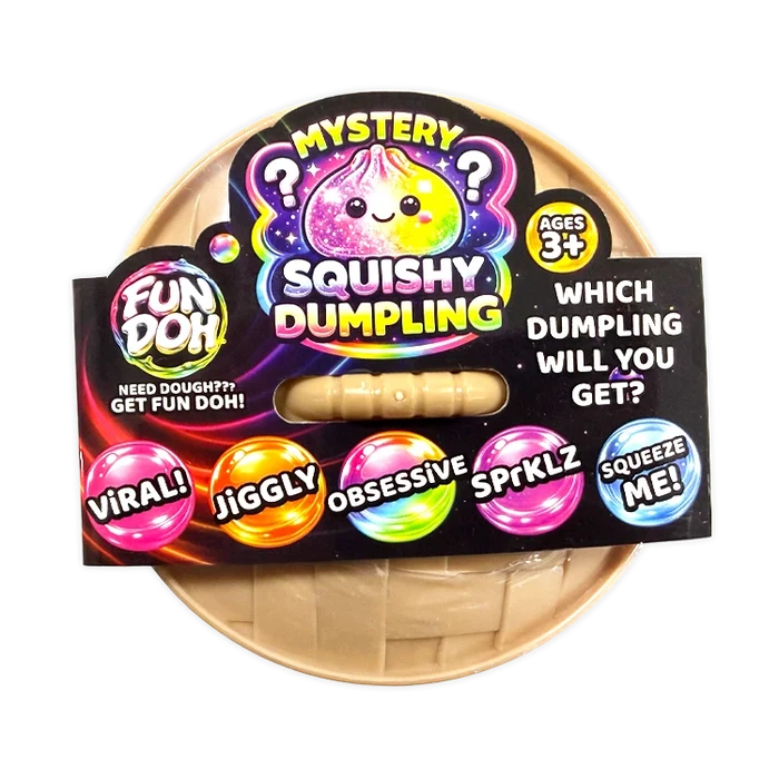 Fun Doh Mystery Squishy Dumpling packaging with colorful text and graphics on a white background.