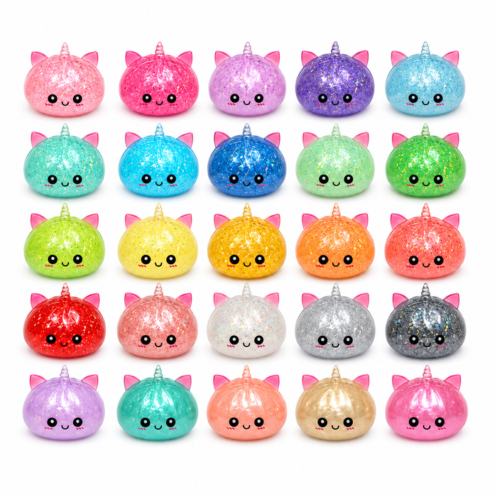 Variety of colors of unicorn dumpling squishy toys.