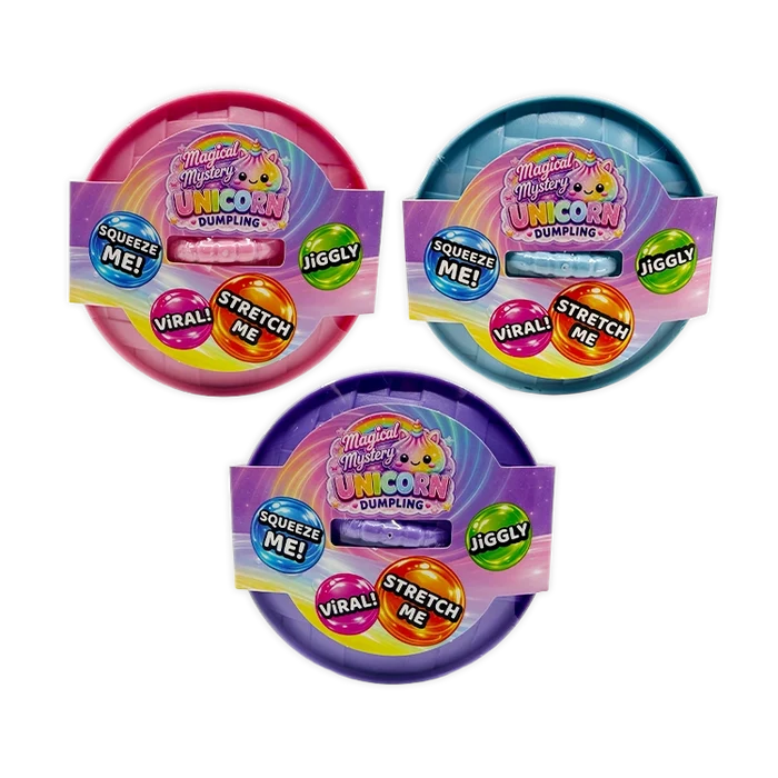 3 packaging of the mystery dumplings, one pink, one blue, and one purple.