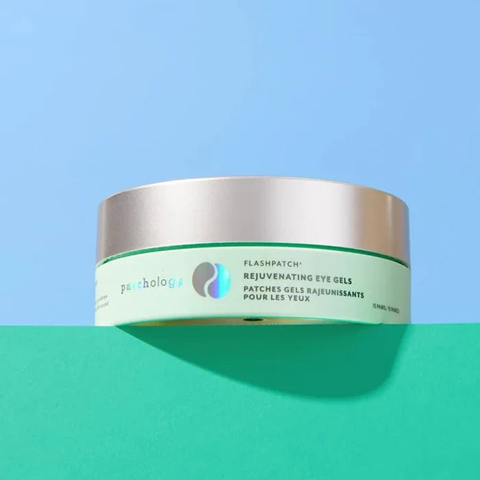 Container of psychologie Flashpatch Rejuvenating Eye Gels on a blue and green gradient background