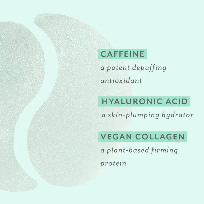 Text listing caffeine, hyaluronic acid, and vegan collagen with a light blue background