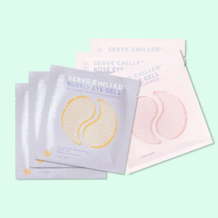 Four Serve Chilled Bubbly Eye Gels sachets in pale pink and lavender packaging, arranged on a light mint green background. The front packet shows a pale yellow crescent gel illustration, while the back packet shows a pale pink crescent gel illustration.