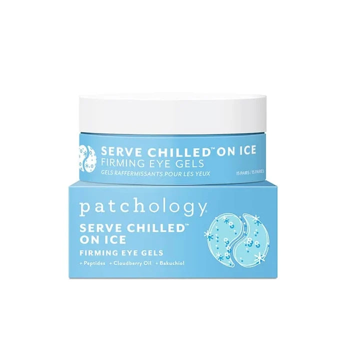 Patchology Serve Chilled On Ice Firming Eye Gels in a light blue box with a white lid, shown on a plain white background.