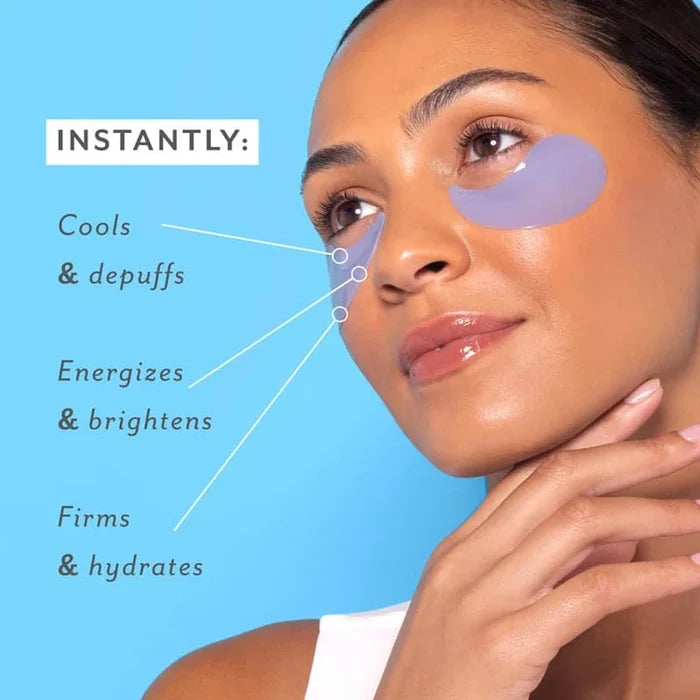 Woman applying a skincare product with text indicating instant benefits on a blue background