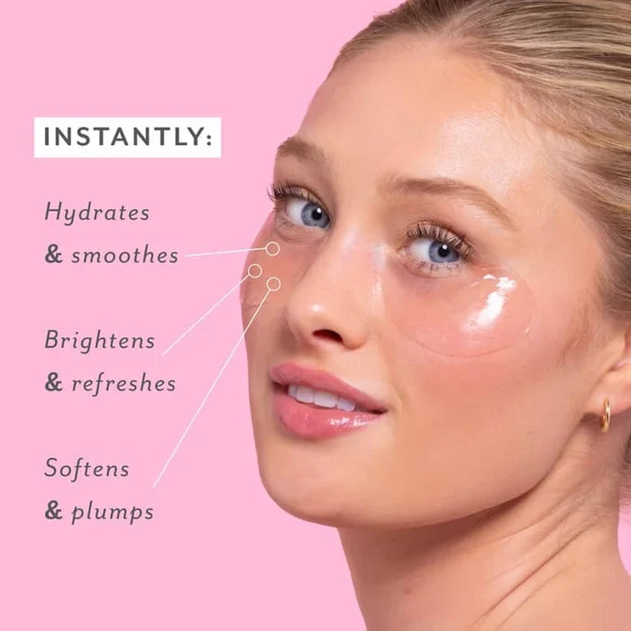 Woman's face with skincare product application on a pink background, showing text benefits.