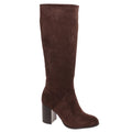 A single knee-high brown suede boot with a block heel, shown from a side profile view against a plain white background.
