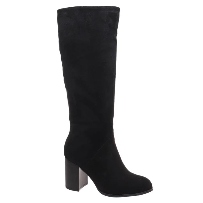 A single black suede knee-high boot with a chunky block heel, shown from a side profile against a plain white background.