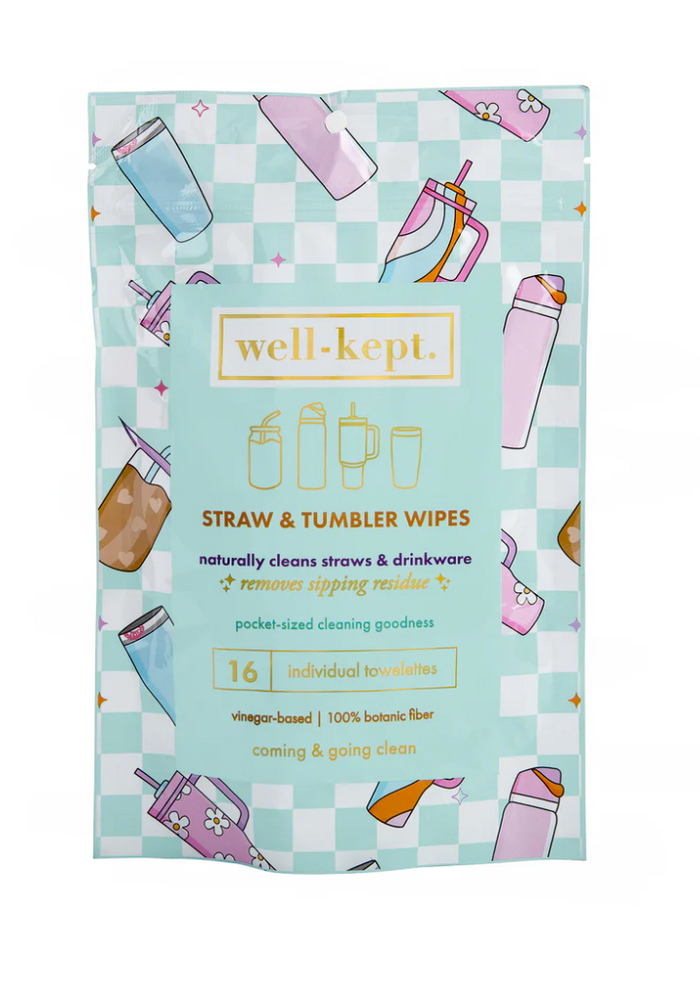 Pack of well-kept straw and tumbler wipes with illustrations on a checkered background