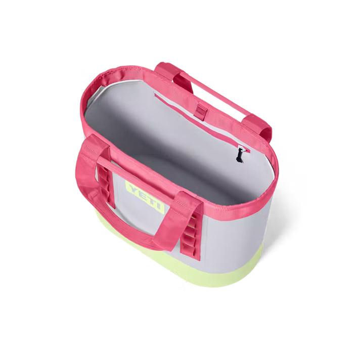 Pink and gray cooler bag with a visible brand logo on a white background